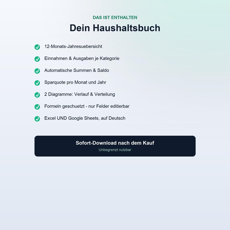 May include: A digital household budget planner template featuring a list of features including a 12-month overview, income and expense tracking, automatic calculations, savings rates, charts, protected formulas, and compatibility with Excel and Google Sheets.