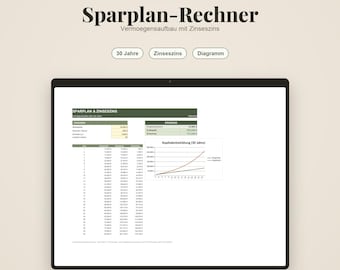 Calculadora de poupança e juros compostos para Excel e Planilhas Google | Acumulação de patrimônio com ETFs | Rendimento final de juros sobre o capital | Modelo (Alemão)