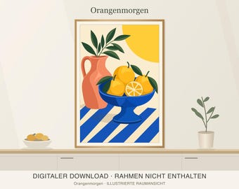 Imagem de cozinha laranja para impressão – Manhã laranja em tons de azul e coral, JPG e SVG