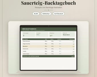Diario de horneado de masa madre en Excel | Calculadora de recetas, registro de hidratación y masa madre | Horneado de pan en alemán
