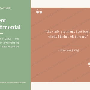 以下が含まれることがあります： セージグリーンのサイドバーにCALMCANVA STUDIO、Client Testimonial、箇条書きの白いテキストが配置されたクライアントの声用デジタルテンプレート。テラコッタカラーのメインエリアには引用符とテキストが表示されています。