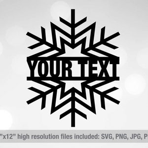 Pode incluir: Design de floco de neve preto e branco com o texto "YOUR TEXT" no centro. O floco de neve mede 12 polegadas por 12 polegadas.