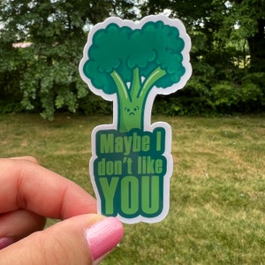 May include: A green broccoli sticker with a sad face and the text "Maybe I don't like YOU".