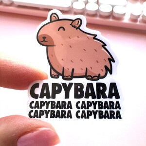 Pode incluir: Um adesivo branco com uma ilustra&ccedil;&atilde;o de capivara marrom de desenho animado. O adesivo tem a palavra "CAPYBARA" escrita em texto preto quatro vezes.