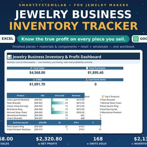 May include: A digital jewelry business inventory tracker spreadsheet template for Excel and Google Sheets. The dashboard displays total sales, purchases, COGS, low-stock items, and a detailed product table with SKU, units sold, revenue, and top 5 products.