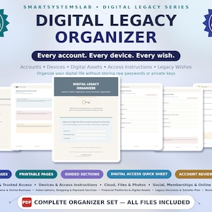 May include: A Digital Legacy Organizer set featuring multiple pages with sections for accounts, devices, digital assets, and access instructions. The document includes text such as Every account. Every device. Every wish. and includes fillable fields for managing digital information securely.