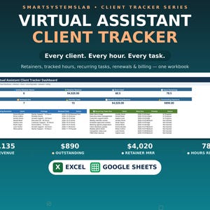 Könnte beinhalten: Eine digitale Arbeitsmappe mit dem Titel Virtual Assistant Client Tracker von SmartSystemsLab. Die Benutzeroberfläche zeigt ein Dashboard zur Verwaltung aktiver Kunden, Einnahmen, genutzter und verbleibender Stunden sowie wiederkehrender Aufgaben für Excel und Google Sheets.