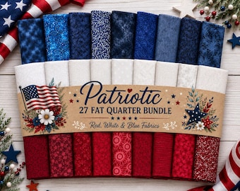 Red, White and Blue Fat Quarters, or 1/2 Yard Bundle 27 pieces, with FREE PATTERN,  Cotton , Cotton Quilting Fabric