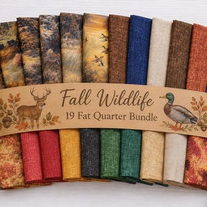 Wildlife Fat Quarter Bundle 19 pieces with Panel, FREE PATTERN, Cotton Fabric, Deer, Bear, Ducks Critters, Fall scenery, Cabin Fabrics