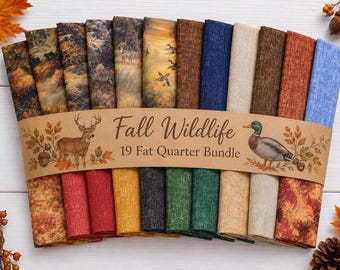 Wildlife Fat Quarter Bundle 19 pieces, FREE PATTERN, Cotton Fabric, Deer, Bear, Ducks Critters, Raccoons, Fall scenery, Cabin Fabrics