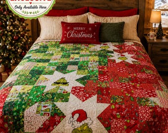 Grinch Fabric quilt kit+ FREE PATTERN quilting cotton fabric, Holiday sewing project. Makes an 78" x 98 " finished quilt
