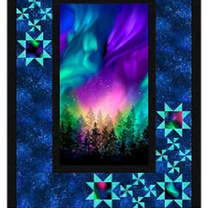 May include: A quilt featuring a central image of an aurora borealis scene with vibrant purples, greens, and yellows above a forest. The quilt is framed by a black border and a blue starry sky pattern with star-shaped accents. The text "AURORA - ASTRAL VISION" is at the bottom.