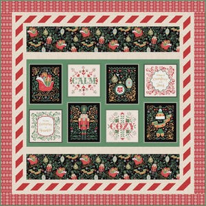 May include: A rectangular quilt featuring a red and white snowflake border, a red and white striped frame, and a central panel with eight square blocks. The blocks display illustrations of nutcrackers, sleighs, ornaments, and text including CALM, COZY, and Tidings of Comfort and Joy.