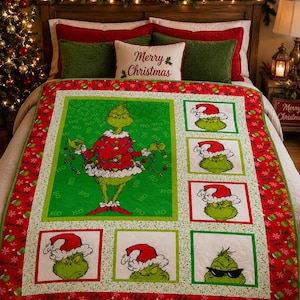 GRINCH Fabric- FREE PATTERN- Grinch fabric Christmas Quilt Kit | Mischief Grinch quilt kit| Holiday Quilt Kit for Beginners & Gift