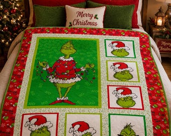 GRINCH Fabric- FREE PATTERN- Grinch fabric Christmas Quilt Kit | Mischief Grinch quilt kit| Holiday Quilt Kit for Beginners & Gift