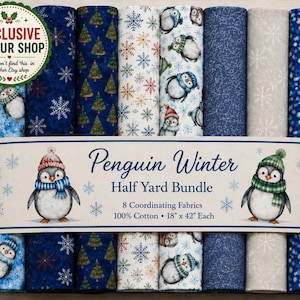 May include: A bundle of eight coordinating cotton fabric rolls titled Penguin Winter. Each piece measures 18 inches by 42 inches. The patterns feature penguins wearing winter hats and scarves, green pine trees, and white snowflakes on blue and cream backgrounds.