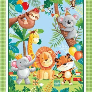 May include: A colorful fabric panel featuring cartoon animals in a jungle setting. Includes a sloth, koala, giraffe, lion, tiger, and elephant, with balloons and party hats. The border has a green grid pattern.