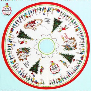 May include: A white circular fabric with a red border and a blue background. The fabric features a Christmas-themed design with the Grinch, Christmas trees, and people carrying gifts. The text "Merry Christmas" and "How the Grinch Stole Christmas!" is printed on the fabric.