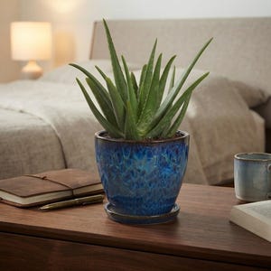 May include: An aloe vera plant with long, pointed green leaves potted in a round, deep blue ceramic planter with a glossy, mottled glaze finish. The planter sits on a matching circular ceramic saucer, showcasing a vibrant, multi-tonal blue texture.