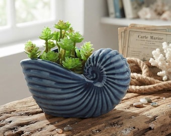 Nautilus Shell Planter, Blue Ceramic Succulent Pot, Coastal Beach House Decor