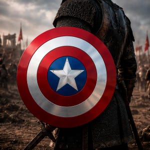 Puede incluir: Un escudo circular que presenta una estrella plateada metálica centrada en un campo circular azul, rodeado por anillos alternos de color plata y rojo. El escudo es sostenido por una figura que viste una armadura oscura y texturizada con detalles de cota de malla.