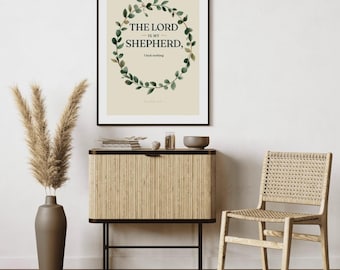 Psalm 23 Print, The Lord Is My Shepherd I Lack Nothing, Botanical Wreath Scripture Wall Art