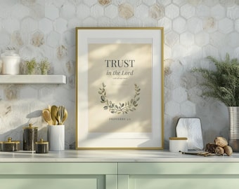 Proverbs 3:5 Print, Trust In The Lord Botanical Wreath, Watercolor Scripture Wall Art Download