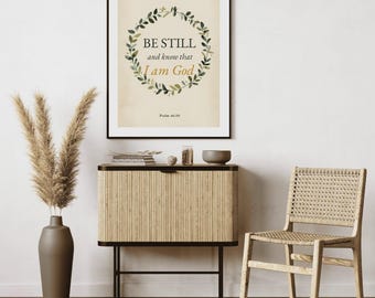 Psalm 46:10 Print, Be Still Botanical Wreath, Watercolor Scripture Wall Art, Digital Download