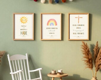 Nursery Bible Verse Prints Set of 3, Christian Nursery Wall Art, Scripture Printable Decor, Psalm 139, Jeremiah 1, Psalm 91