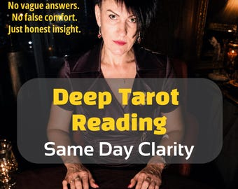May include: A person with short dark hair wearing a dark brown top, positioned behind a table with three tarot cards. Text reads: No vague answers. No false comfort. Just honest insight. Deep Tarot Reading. Same Day Clarity.