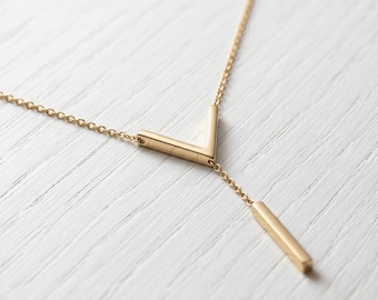Geometric Gold Y Necklace, Minimalist Bar Pendant Necklace, Modern Lariat Necklace, Dainty Gold Jewelry Gift for Her