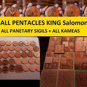 May include: A collection of copper-colored circular coins and rectangular plaques featuring engraved planetary sigils, King Solomon pentacles, and numerical kameas. The text reads: --ALL PENTACLES KING Salomon-- + ALL PANETARY SIGILS + ALL KAMEAS.