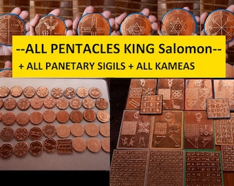 May include: A collection of copper-colored circular coins and rectangular plaques featuring engraved planetary sigils, King Solomon pentacles, and numerical kameas. The text reads: --ALL PENTACLES KING Salomon-- + ALL PANETARY SIGILS + ALL KAMEAS.