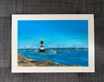 Pintura original al óleo y pastel de un faro.