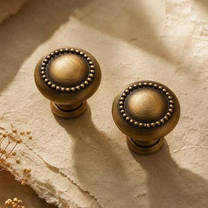 Antique Brass Cabinet Knobs, Vintage Round Drawer Knobs, Solid Brass Furniture Hardware, French Country Kitchen Cabinet Handles, Retro