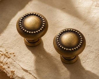 Antique Brass Cabinet Knobs, Vintage Round Drawer Knobs, Solid Brass Furniture Hardware, French Country Kitchen Cabinet Handles, Retro