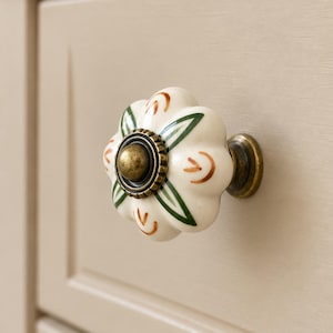 Hand Painted Ceramic Pumpkin Knobs, Vintage Style Floral Drawer Pulls, Single Hole Cabinet Knobs for Dressers, Cupboards, and Wardrobe Doors