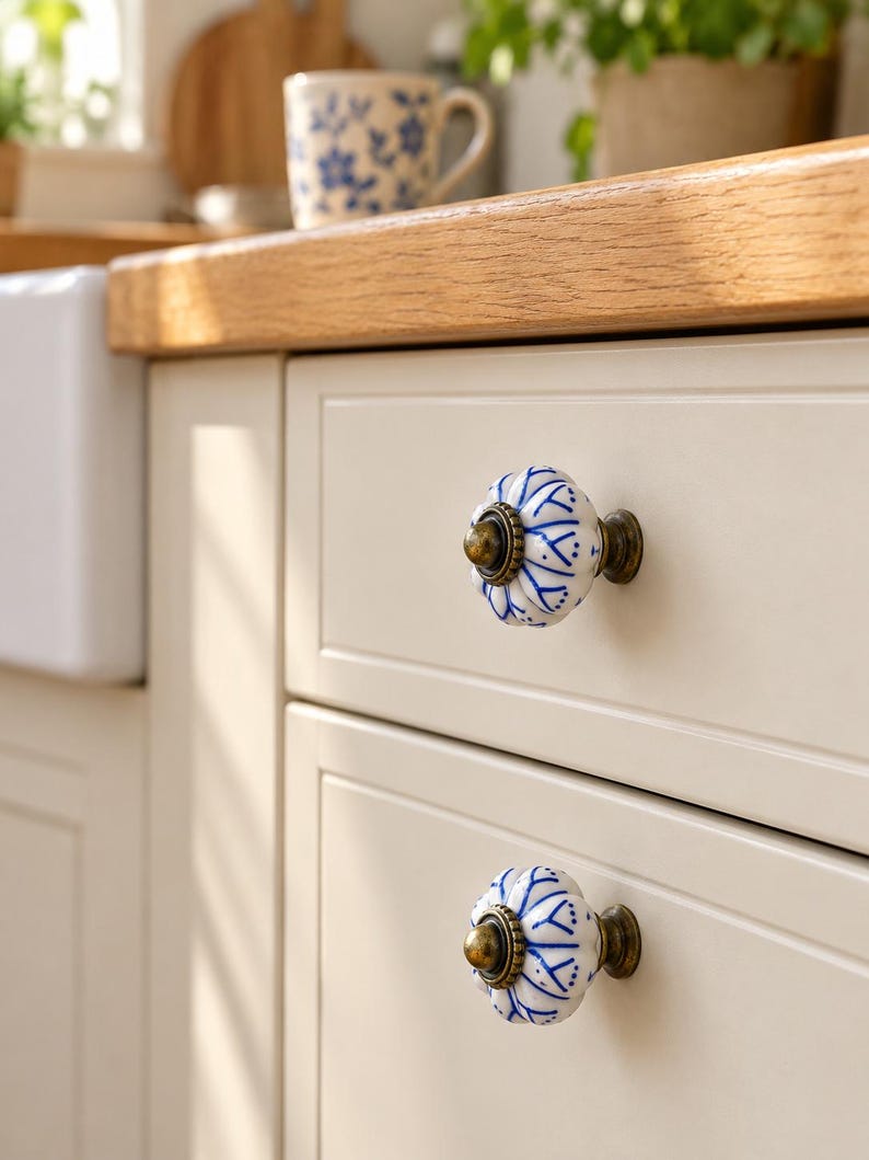 Pomelli in ceramica dipinti a mano a forma di zucca, maniglie per cassetti in stile vintage con motivo floreale, pomelli a foro singolo per cassettiere, armadi e ante di guardaroba. immagine 8