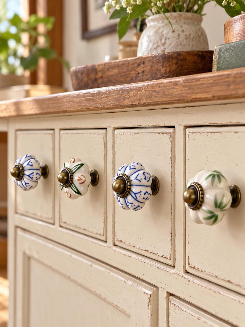 Pomelli in ceramica dipinti a mano a forma di zucca, maniglie per cassetti in stile vintage con motivo floreale, pomelli a foro singolo per cassettiere, armadi e ante di guardaroba. immagine 9