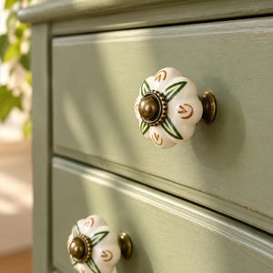 Pomelli in ceramica dipinti a mano a forma di zucca, maniglie per cassetti in stile vintage con motivo floreale, pomelli a foro singolo per cassettiere, armadi e ante di guardaroba. immagine 6