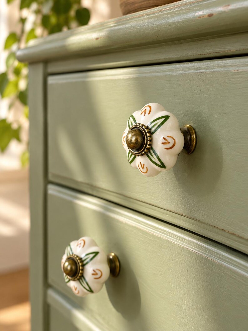 Pomelli in ceramica dipinti a mano a forma di zucca, maniglie per cassetti in stile vintage con motivo floreale, pomelli a foro singolo per cassettiere, armadi e ante di guardaroba. immagine 6