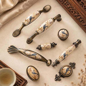 Vintage Chinese Cabinet Knobs Ceramic Drawer Pulls Antique Brass Furniture Handles Blue Bird Porcelain Kitchen Cupboard Hardware Retro Decor