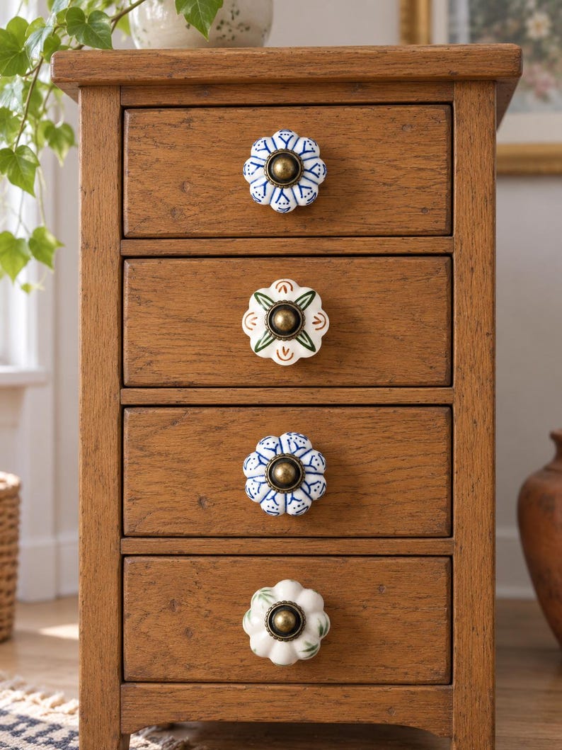 Pomelli in ceramica dipinti a mano a forma di zucca, maniglie per cassetti in stile vintage con motivo floreale, pomelli a foro singolo per cassettiere, armadi e ante di guardaroba. immagine 2
