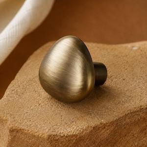 Può includere: Un pomello per mobili dalla forma organica a ciottolo con finitura in ottone antico spazzolato. Il pomello presenta una superficie frontale liscia e arrotondata con venature metalliche visibili e una base cilindrica sul retro dell'oggetto.