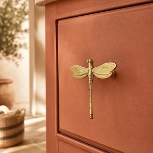 May include: A gold-toned metal dragonfly-shaped cabinet knob with textured wings and a segmented body, mounted on a matte terracotta-coloured drawer front. The hardware features intricate detailing on the wings and a slender, elongated tail.