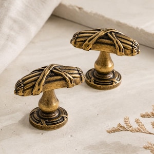 Può includere: Due pomelli per mobile in metallo color ottone antico con un design orizzontale allungato a fascio, avvolto da sottili fasce in rilievo. Ogni pomello presenta una base circolare con un motivo intrecciato e uno stelo conico e liscio.