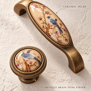 Ceramic Bird Cabinet Knobs  Pulls, Antique Brass Finish Aluminum Alloy Drawer Handles, Chinoiserie Dresser, Cupboard & Wardrobe