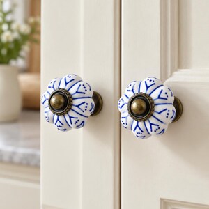 Pomelli in ceramica dipinti a mano a forma di zucca, maniglie per cassetti in stile vintage con motivo floreale, pomelli a foro singolo per cassettiere, armadi e ante di guardaroba. immagine 4