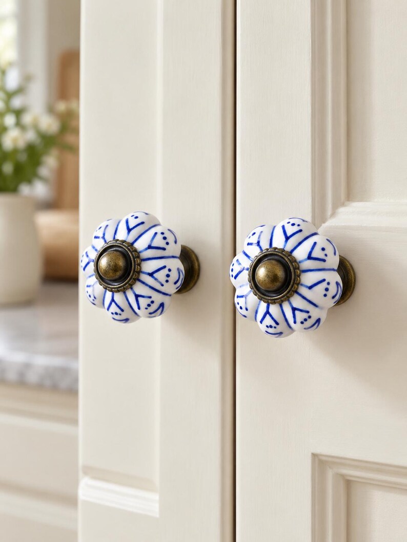 Pomelli in ceramica dipinti a mano a forma di zucca, maniglie per cassetti in stile vintage con motivo floreale, pomelli a foro singolo per cassettiere, armadi e ante di guardaroba. immagine 4