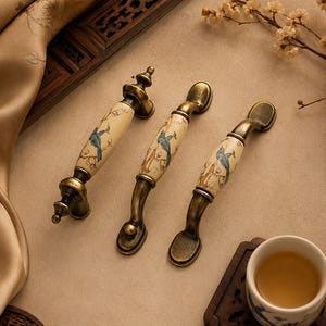 Vintage Chinese Ceramic Cabinet Pulls Antique Brass Drawer Handles Blue Bird Porcelain Furniture Hardware Retro Cupboard Knobs Classic Decor